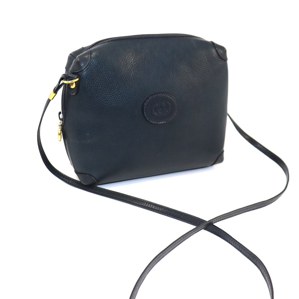 Vintage Gucci Navy Blue Pebbled Leather‎ Crossbody Bag GG Plus Line Refreshed